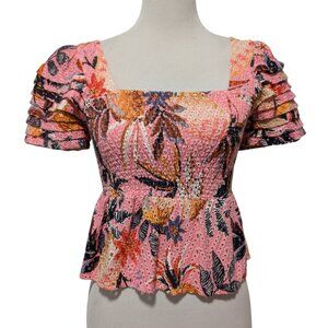 Farm Rio Womens Sz XS Pink Pineapple Smocked Square Neck Ruffle Puff Sleeve Top
